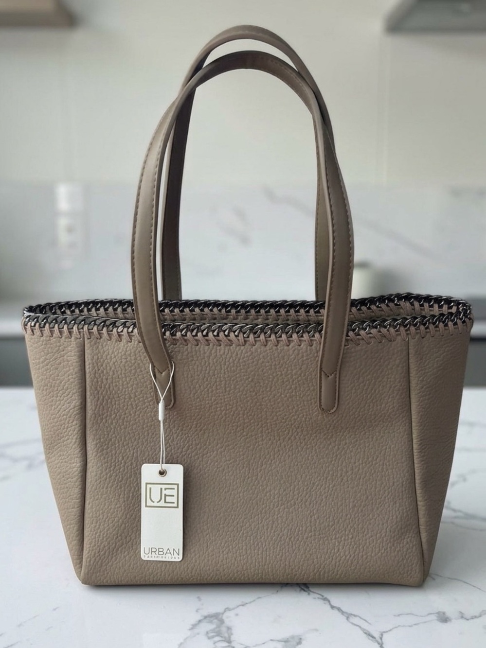 NWT Urban Expressions Taupe Soft Vegan Leather Chain Trim Tote Bag